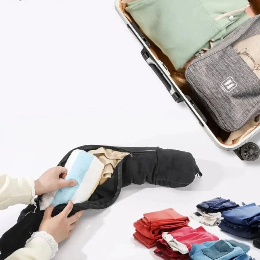 cuscino da viaggio, cuscino riempibile, risparmio volo, risparmio costi extra volo, risparmio valigie